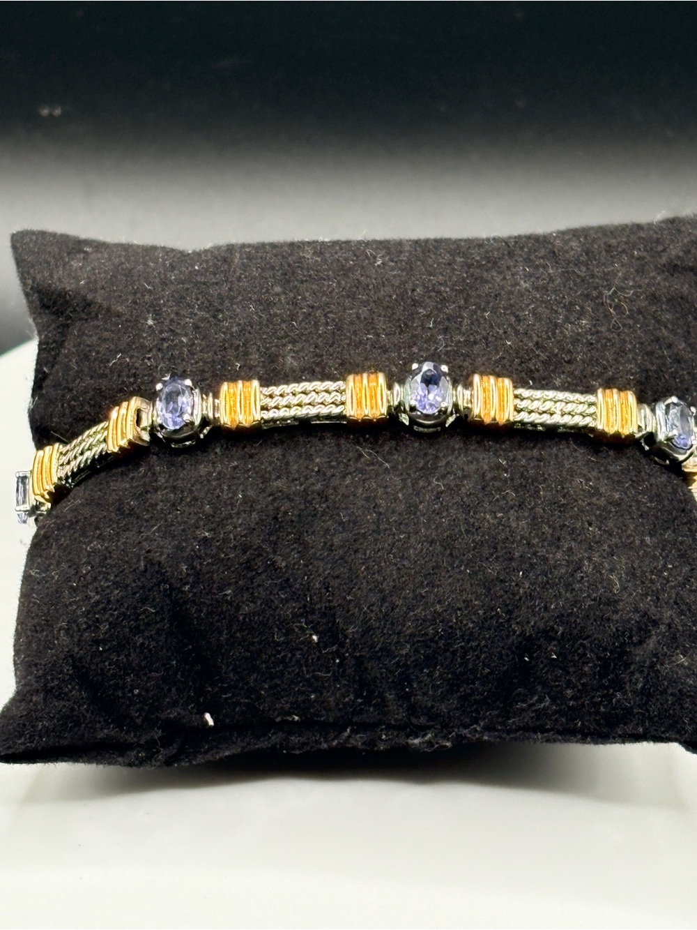 Vintage Two-Tone Sterling Silver & Gold Cable Link Gemstone Bracelet 925 DZY